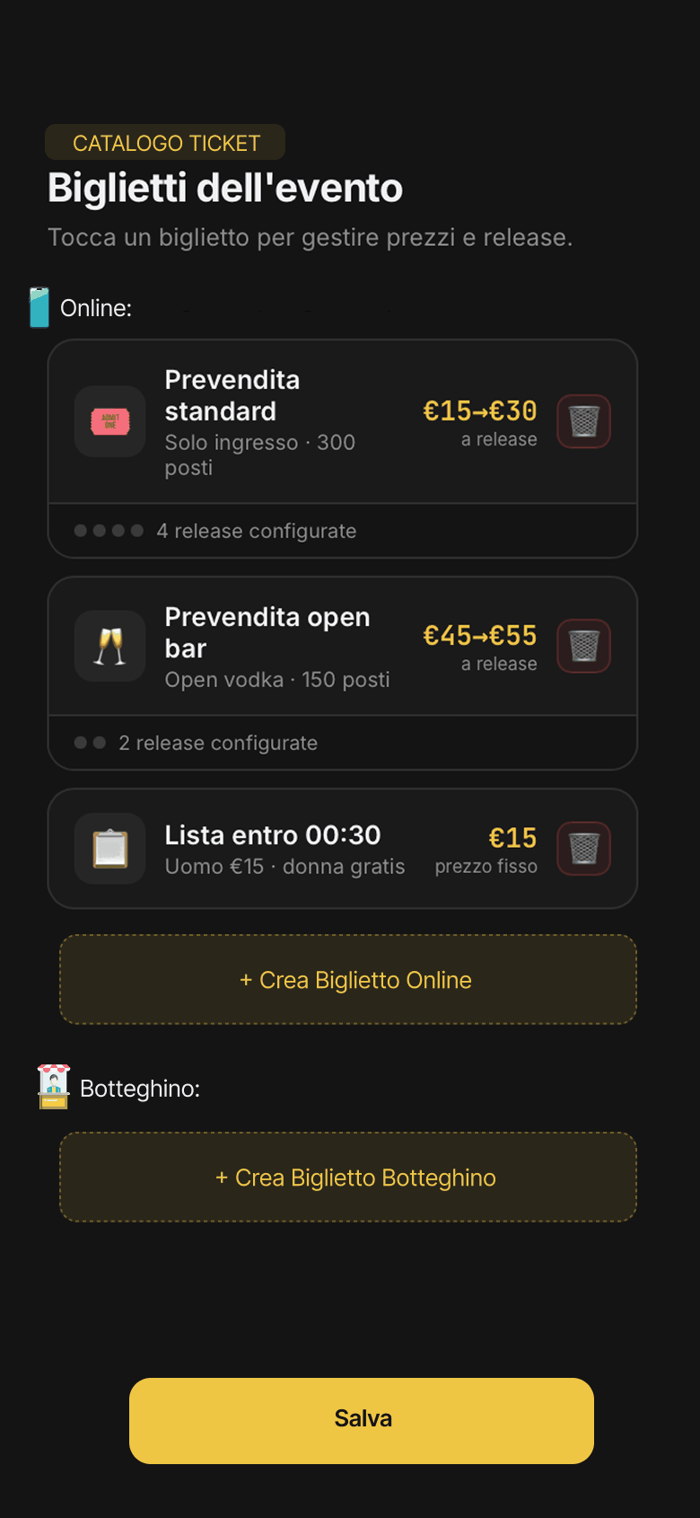 Catalogo biglietti dell'evento con prevendite a release e biglietti da botteghino