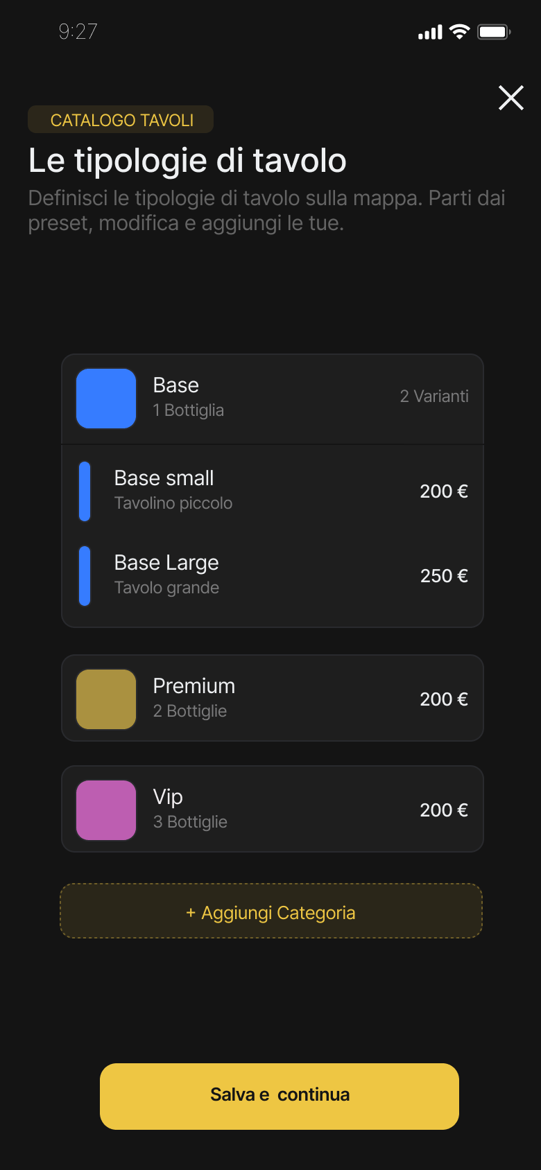 Catalogo tavoli: tipologie Base, Premium e Vip con varianti e prezzi