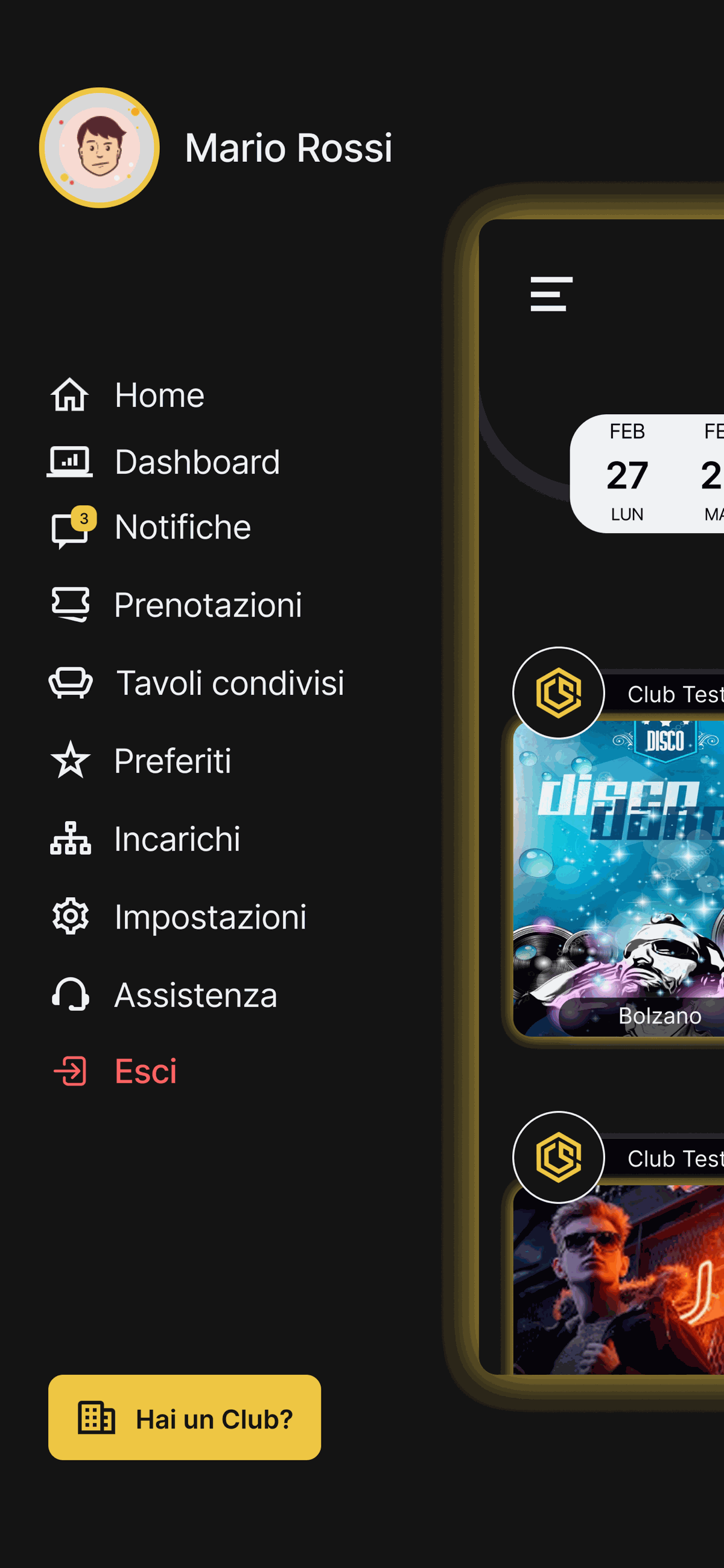 Profilo artista nell'app SpaceClub