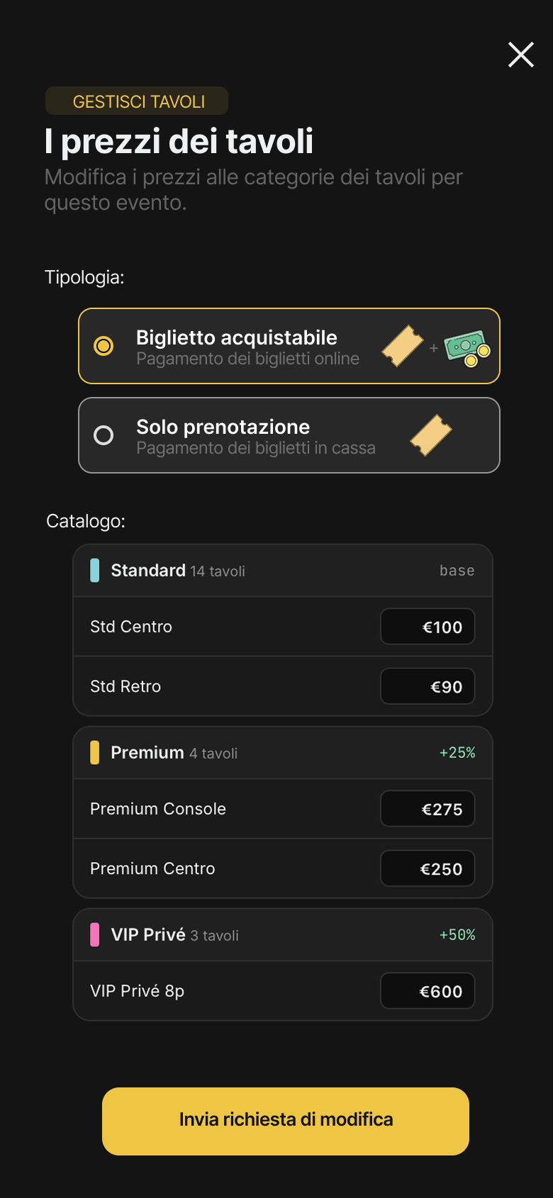 Listino dei prezzi per categoria di tavolo, con scelta fra pagamento online e in cassa